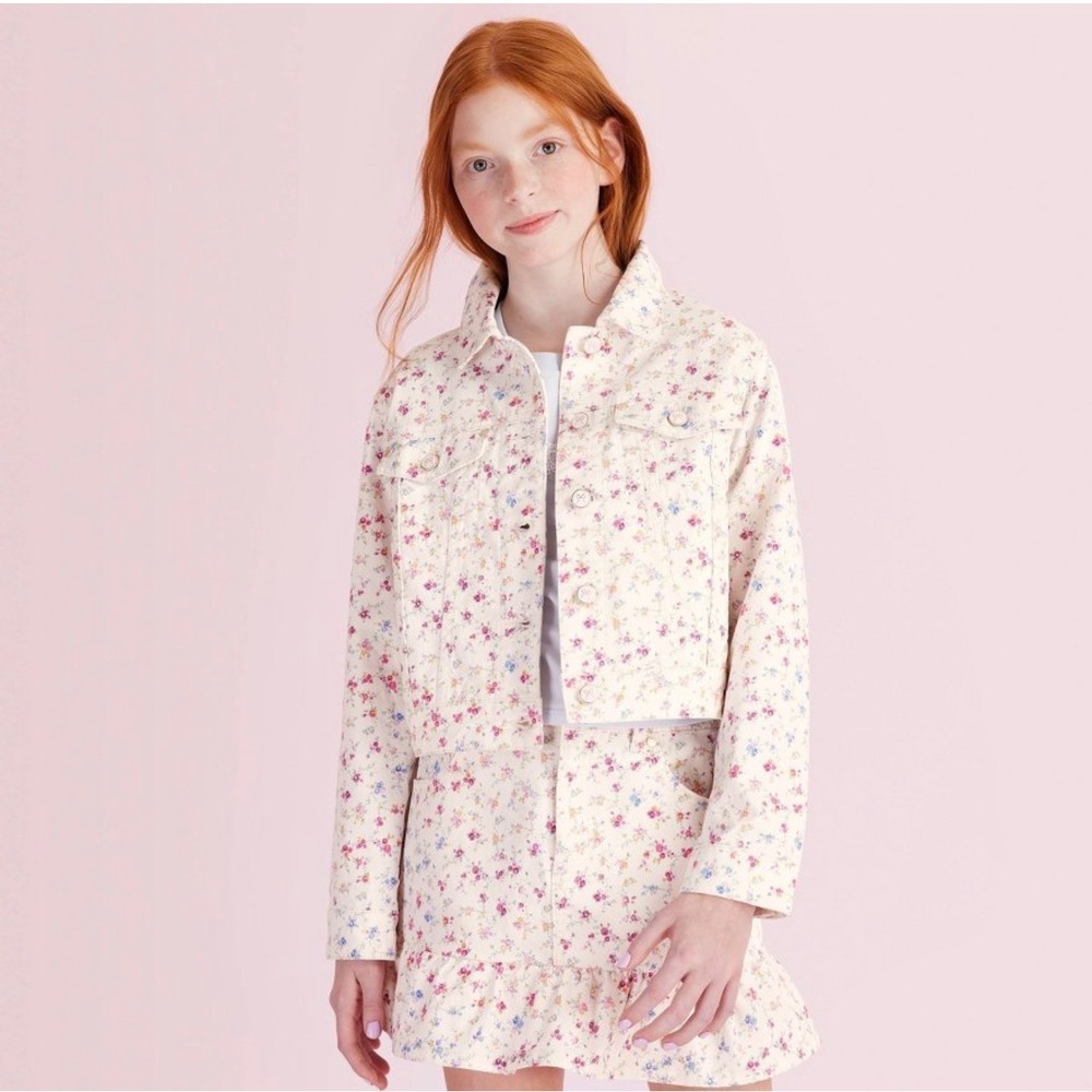 LoveShackFancy Girls Floral Denim Jacket and Skirt Set Size 7 Pink Blue Cream